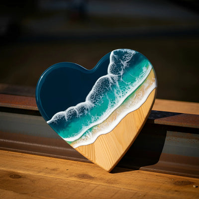 Handcrafted ocean resin heart wall art with blue resin waves on pine wood
