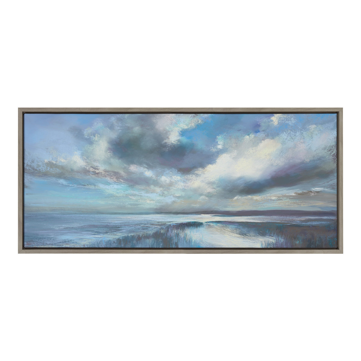Framed canvas painting of a dramatic seascape with a cloudy sky, sunlight breaking through, and waves meeting a distant shoreline under a blue-gray color palette.