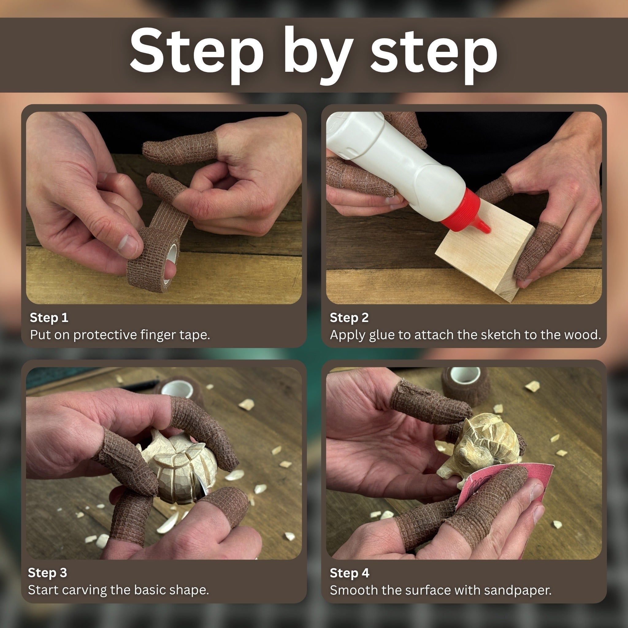 Complete Hedgehog Carving Kit with knife, wooden blocks, sandpaper, sharpening board, pencil, and hedgehog drawing
