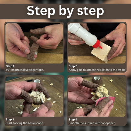 Complete Hedgehog Carving Kit with knife, wooden blocks, sandpaper, sharpening board, pencil, and hedgehog drawing