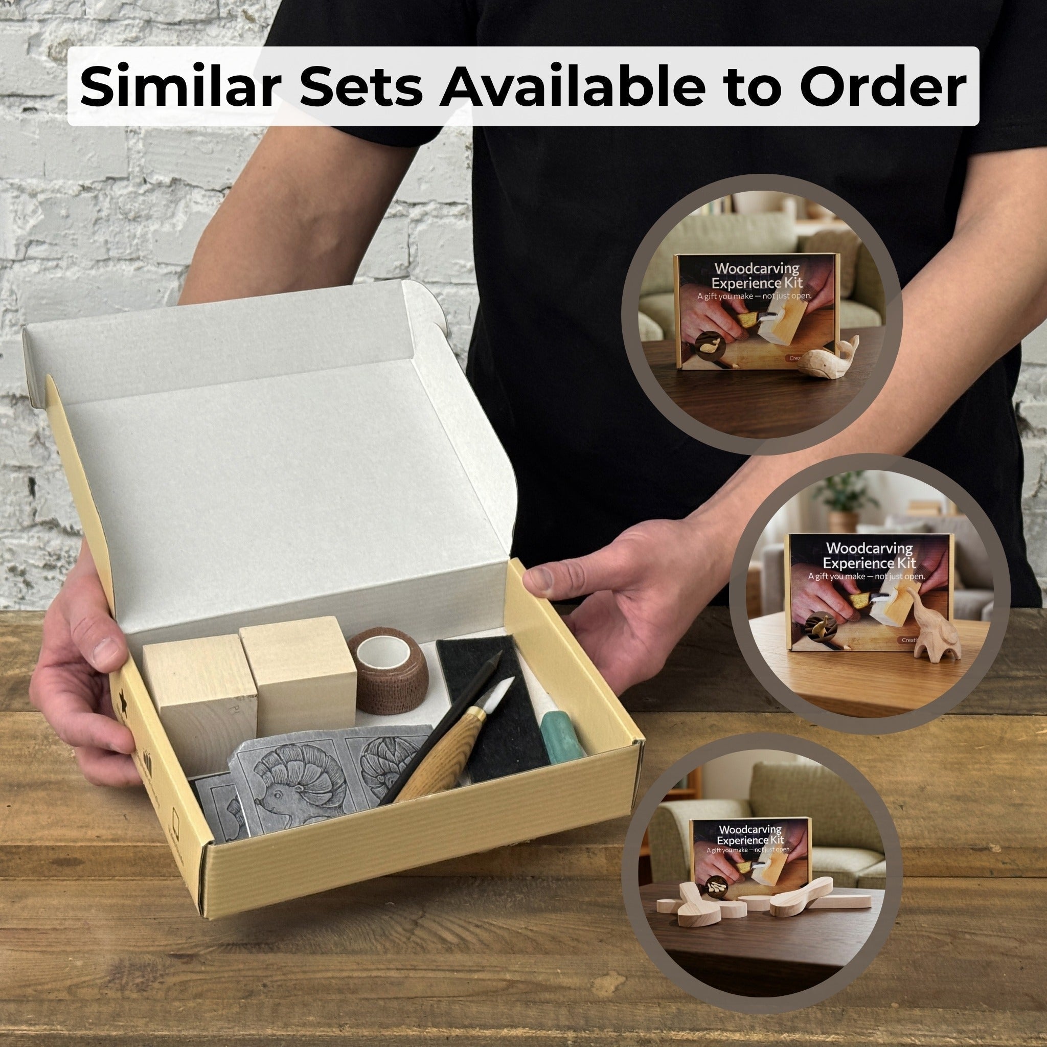Complete Hedgehog Carving Kit with knife, wooden blocks, sandpaper, sharpening board, pencil, and hedgehog drawing