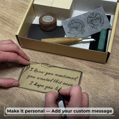 Complete Hedgehog Carving Kit with knife, wooden blocks, sandpaper, sharpening board, pencil, and hedgehog drawing