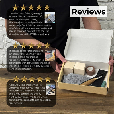 Complete Hedgehog Carving Kit with knife, wooden blocks, sandpaper, sharpening board, pencil, and hedgehog drawing