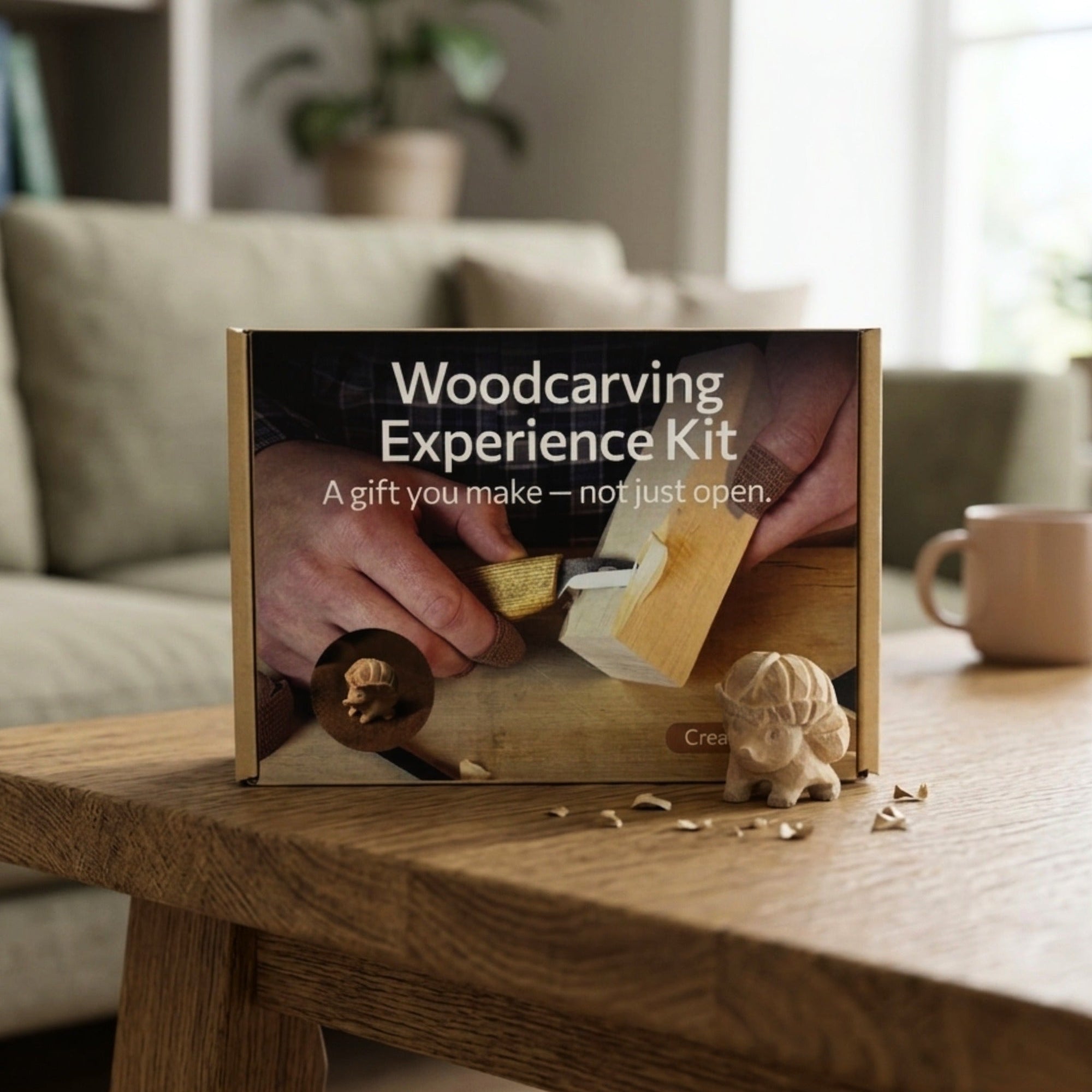 Complete Hedgehog Carving Kit with knife, wooden blocks, sandpaper, sharpening board, pencil, and hedgehog drawing