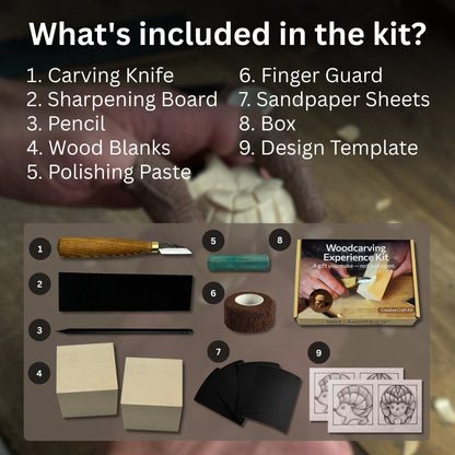 Complete Hedgehog Carving Kit with knife, wooden blocks, sandpaper, sharpening board, pencil, and hedgehog drawing