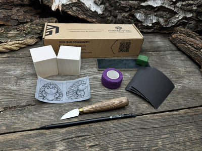 Hedgehog Wood Carving Kit with knife, wooden blocks, sandpaper, sharpening board, pencil, and hedgehog pattern