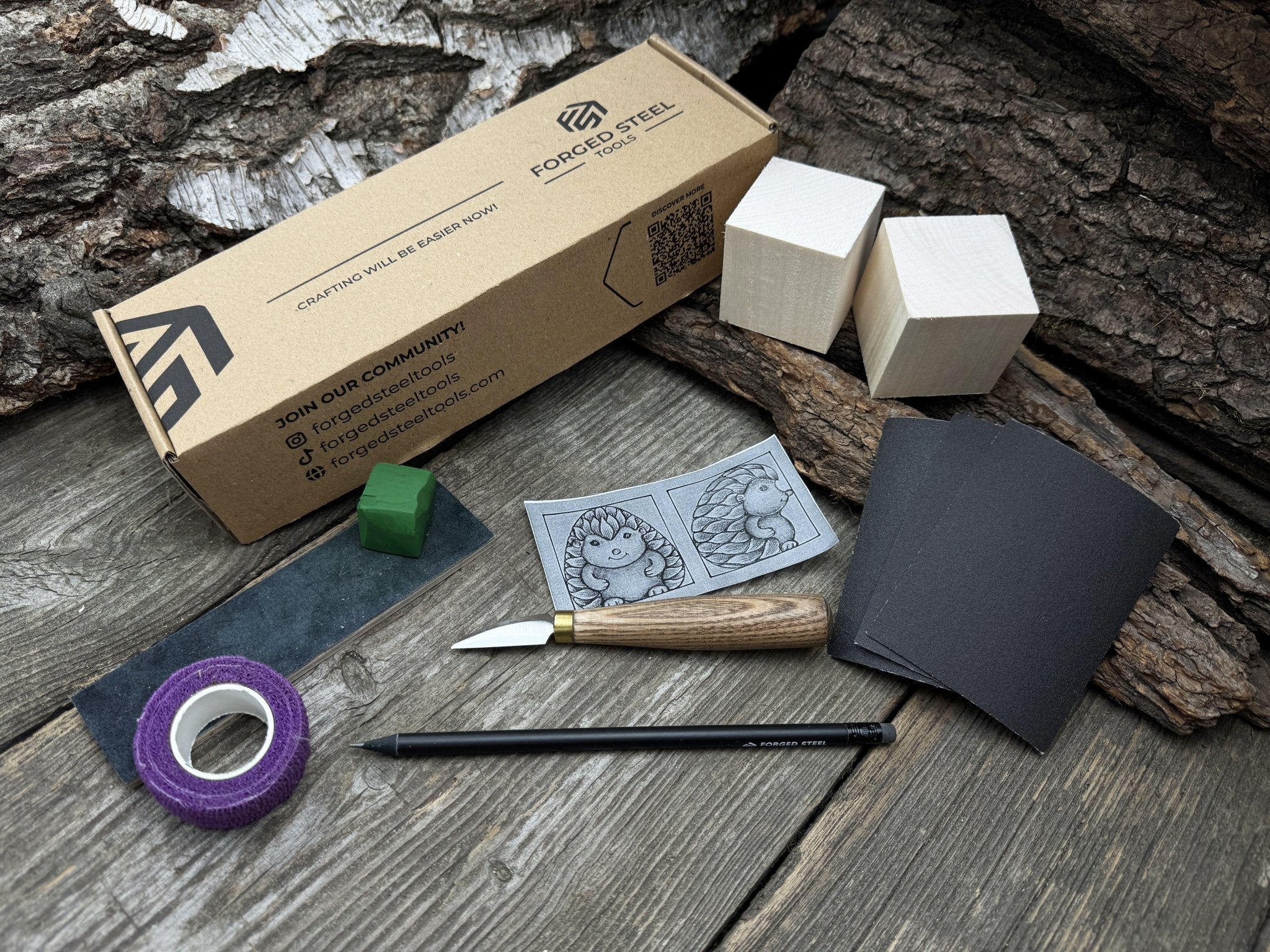 Hedgehog Wood Carving Kit with knife, wooden blocks, sandpaper, sharpening board, pencil, and hedgehog pattern