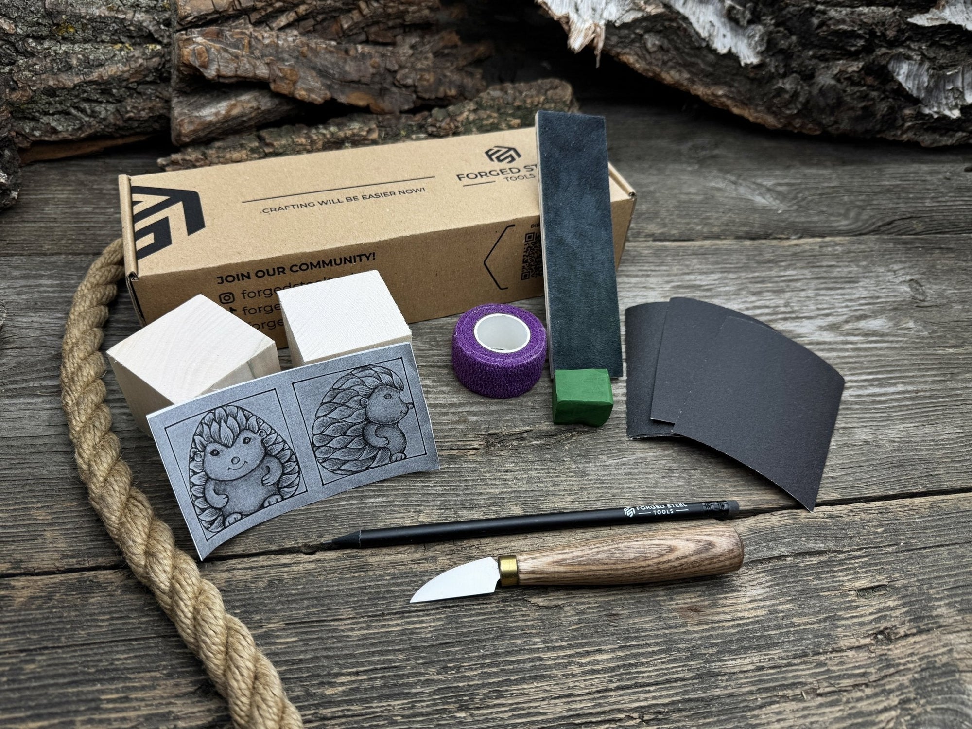 Hedgehog Wood Carving Kit with knife, wooden blocks, sandpaper, sharpening board, pencil, and hedgehog pattern