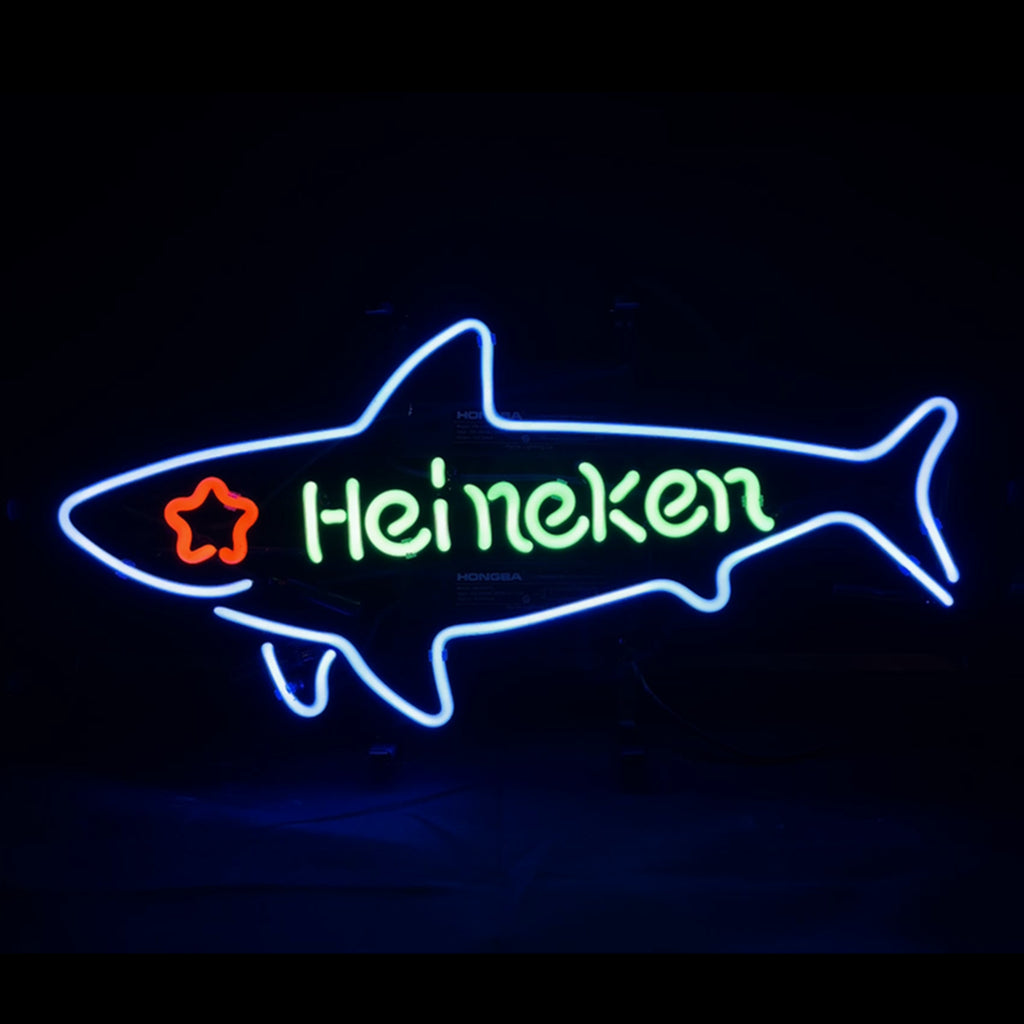Heineken Beer Shark Neon Light sign glowing blue on a dark backing
