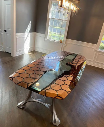 Hexagon Resin Dining Table made of walnut wood and epoxy resin with aluminum legs