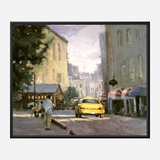 Impressionistic city street scene with a bright yellow taxi in center, surrounded by soft pastel-colored buildings and a figure walking on the sidewalk near shaded trees.