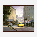 Impressionistic city street scene with a yellow taxi in the center, people walking, awnings with red and white stripes, and soft pastel building facades under a glowing sky.