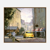 Impressionist-style painting of a yellow taxi on a sunlit street, flanked by tall buildings and red-and-white striped canopies, with a pedestrian walking nearby.