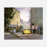 Impressionist-style painting of a street scene with a bright yellow taxi in the center, a pedestrian in light clothes, and buildings with striped red-and-white awnings on the right.