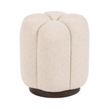 Round tufted ottoman upholstered in soft off-white fabric with curved vertical panels, resting on a dark wooden circular base.