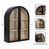 Wall cabinet with satin black, arch-shaped double glass doors framing natural wood interior shelving in a two-tone finish, dimensions labeled in inches.