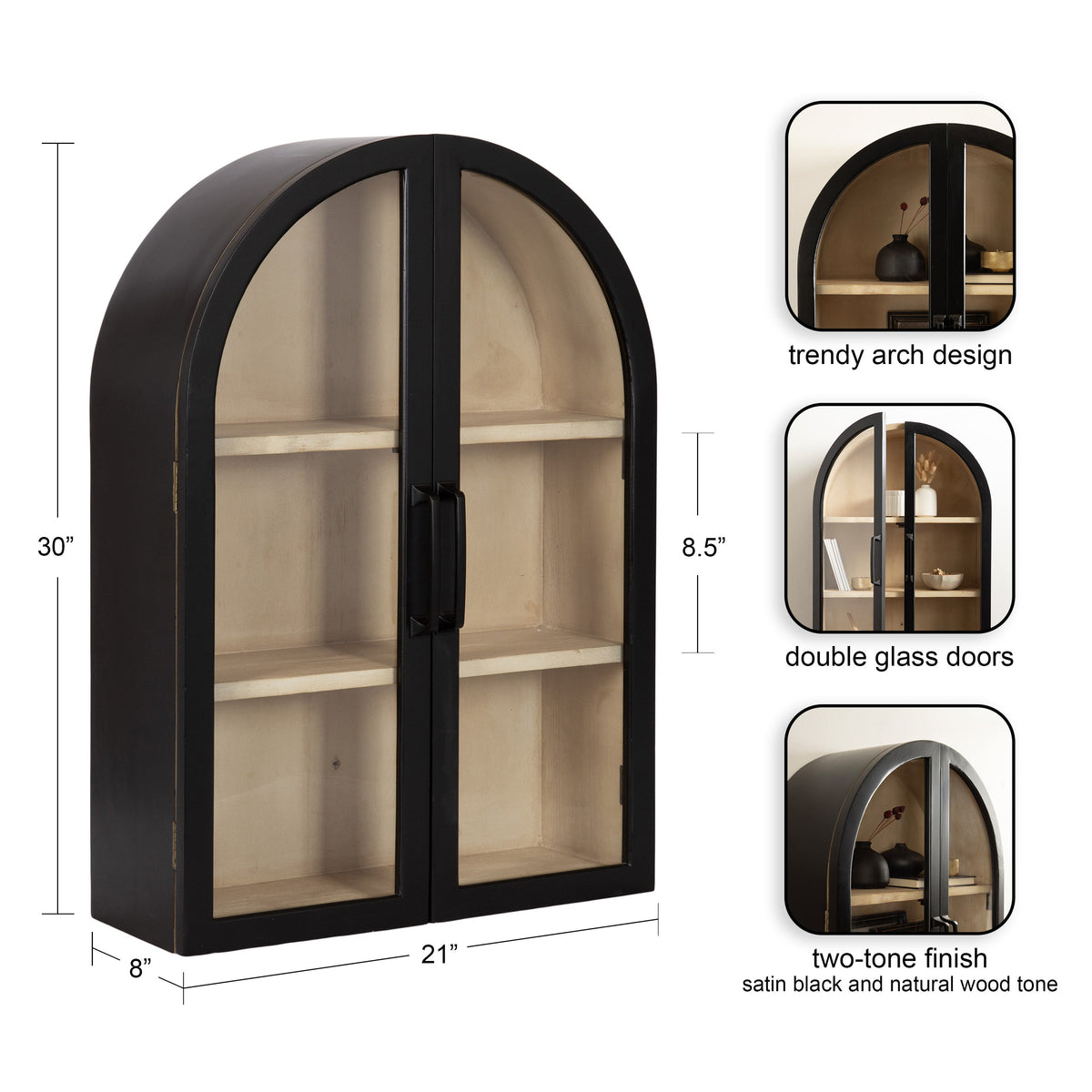 Wall cabinet with satin black, arch-shaped double glass doors framing natural wood interior shelving in a two-tone finish, dimensions labeled in inches.