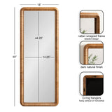 Tall rectangular mirror with an 18x48 inch rattan-wrapped frame featuring a beaded design and dark natural finish, shown with D-ring hangers for versatile mounting.