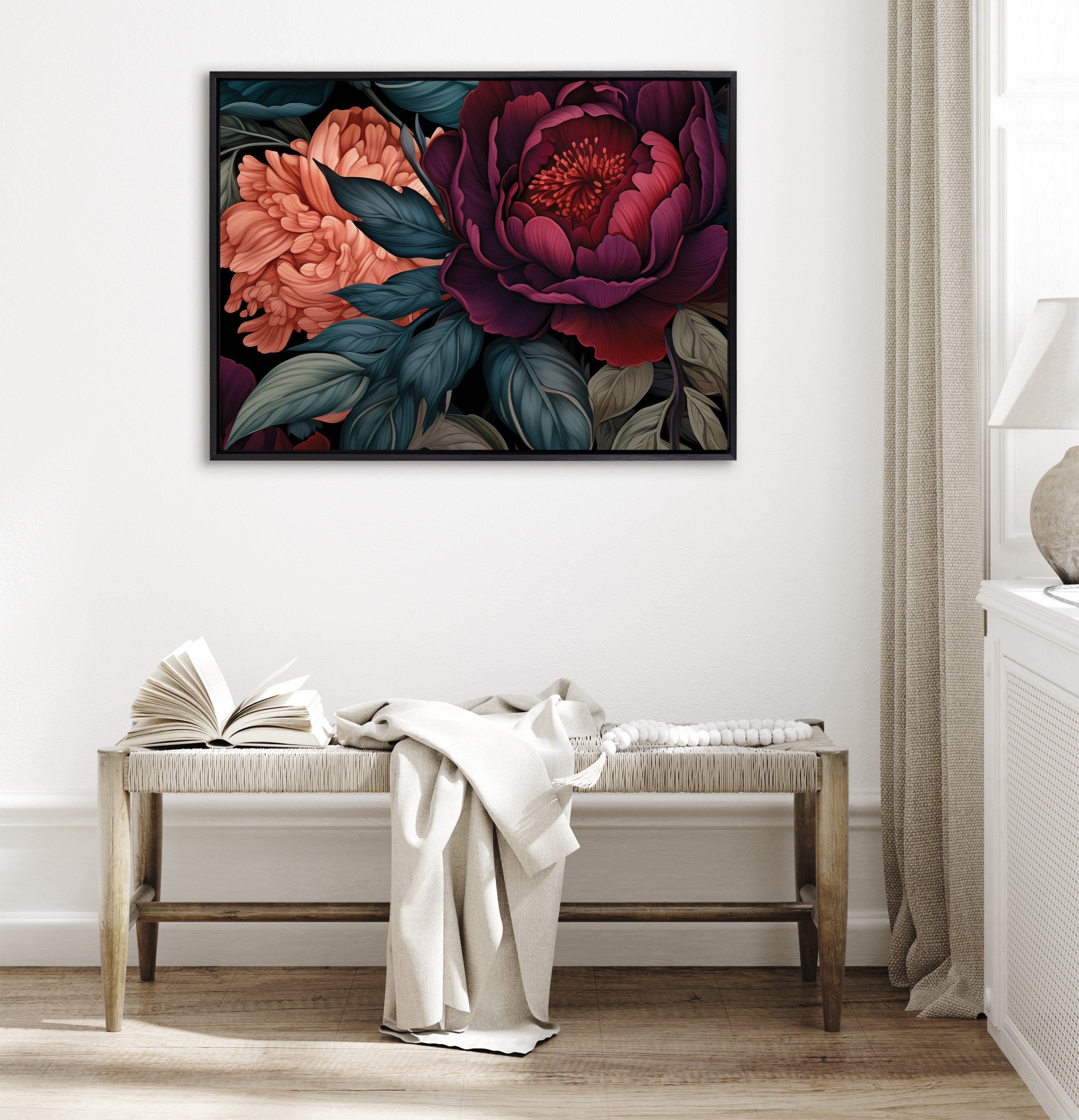 Sylvie Dark Academia Floral in Rich Jewel Tones Framed Canvas by The Creative Bunch Studio
