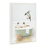Sylvie Beaded Penguins in Cottage Bath floating framed canvas artwork by Amy Peterson showing whimsical penguins in a cottage bath scene