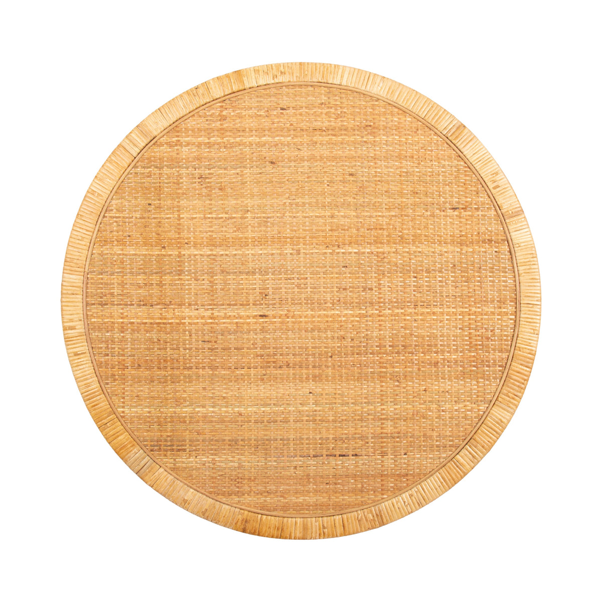 Top view of a round coffee table featuring a woven rattan surface with a smooth wooden circular frame in a natural light brown tone.