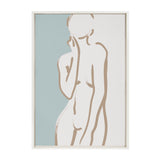 Minimalist line art of a nude female figure with tan lines against a teal background, framed in off-white.