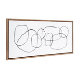 Framed canvas artwork featuring overlapping black irregular circles on a white background within a textured wooden frame.