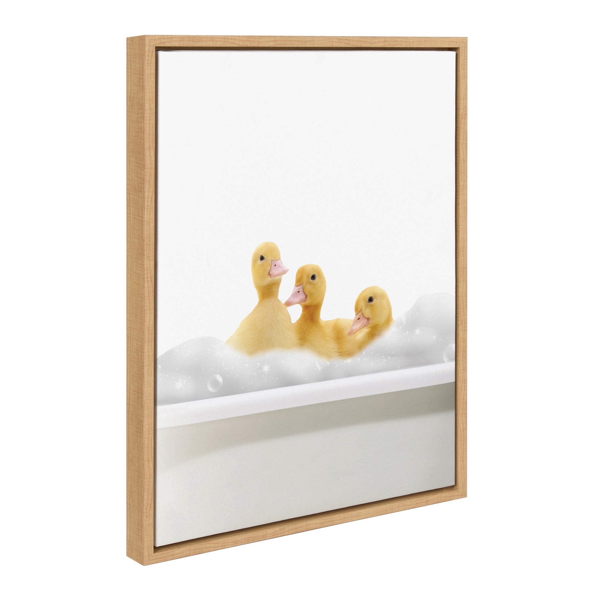 Sylvie Bathroom Bubble Bath 3 Ducks framed canvas art by The Creative Bunch Studio showing three ducks in a bubble bath