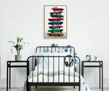 Vertical framed canvas showing seven vintage cars stacked on top of each other in red, green, blue, yellow, and brown tones against a white background.