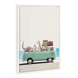 Framed canvas artwork featuring vibrant zoo animals at the beach with a vintage beaded white frame