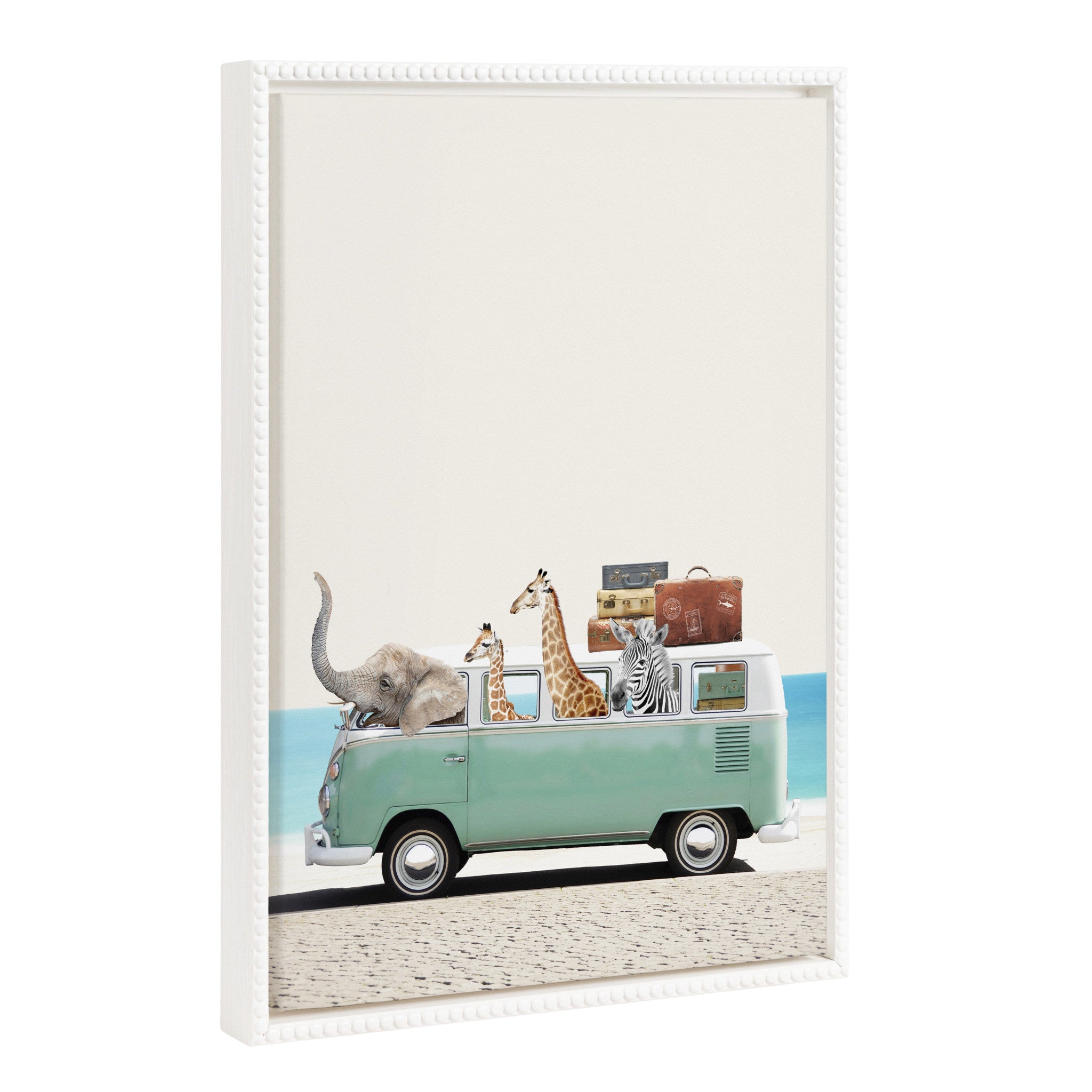 Framed canvas artwork featuring vibrant zoo animals at the beach with a vintage beaded white frame