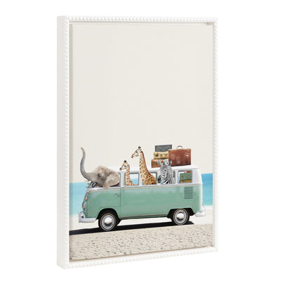 Framed canvas artwork featuring vibrant zoo animals at the beach with a vintage beaded white frame