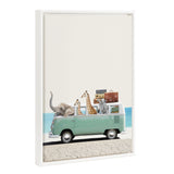 Mint green van parked on sandy beach with elephant, giraffes, zebra, and stacked suitcases inside, set against light blue sky and sea background.