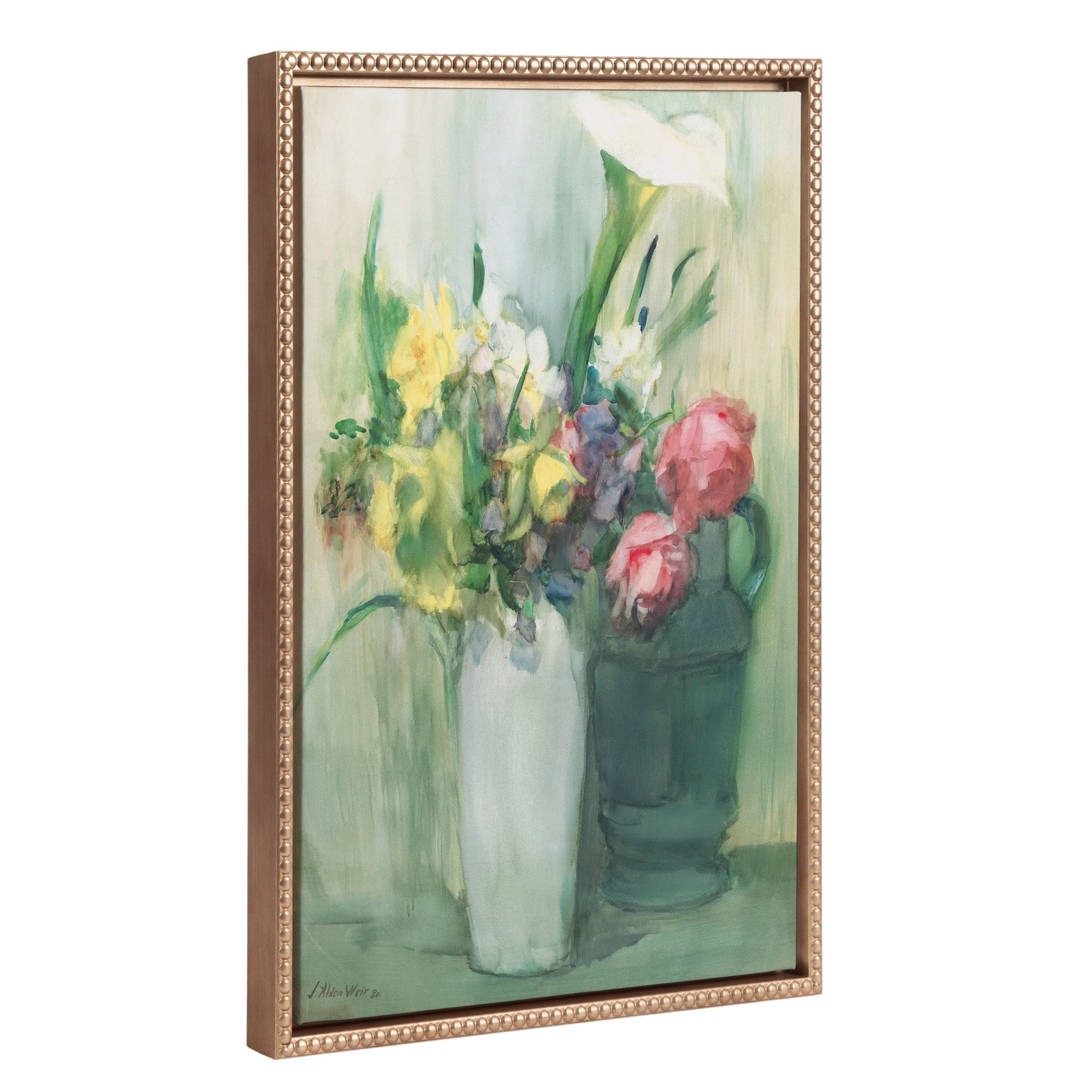 Sylvie Beaded Flowers, 1880 framed canvas showing a watercolor floral bouquet in a gold beaded floating frame