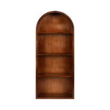 Tall wooden wall shelf with an arched top and three horizontal shelves, featuring a warm brown finish and simple rectangular frame design.
