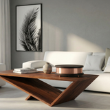 Modern living room with a white sofa, featuring a geometric wooden coffee table holding a round copper-colored container and a ceramic vase, under soft natural light.