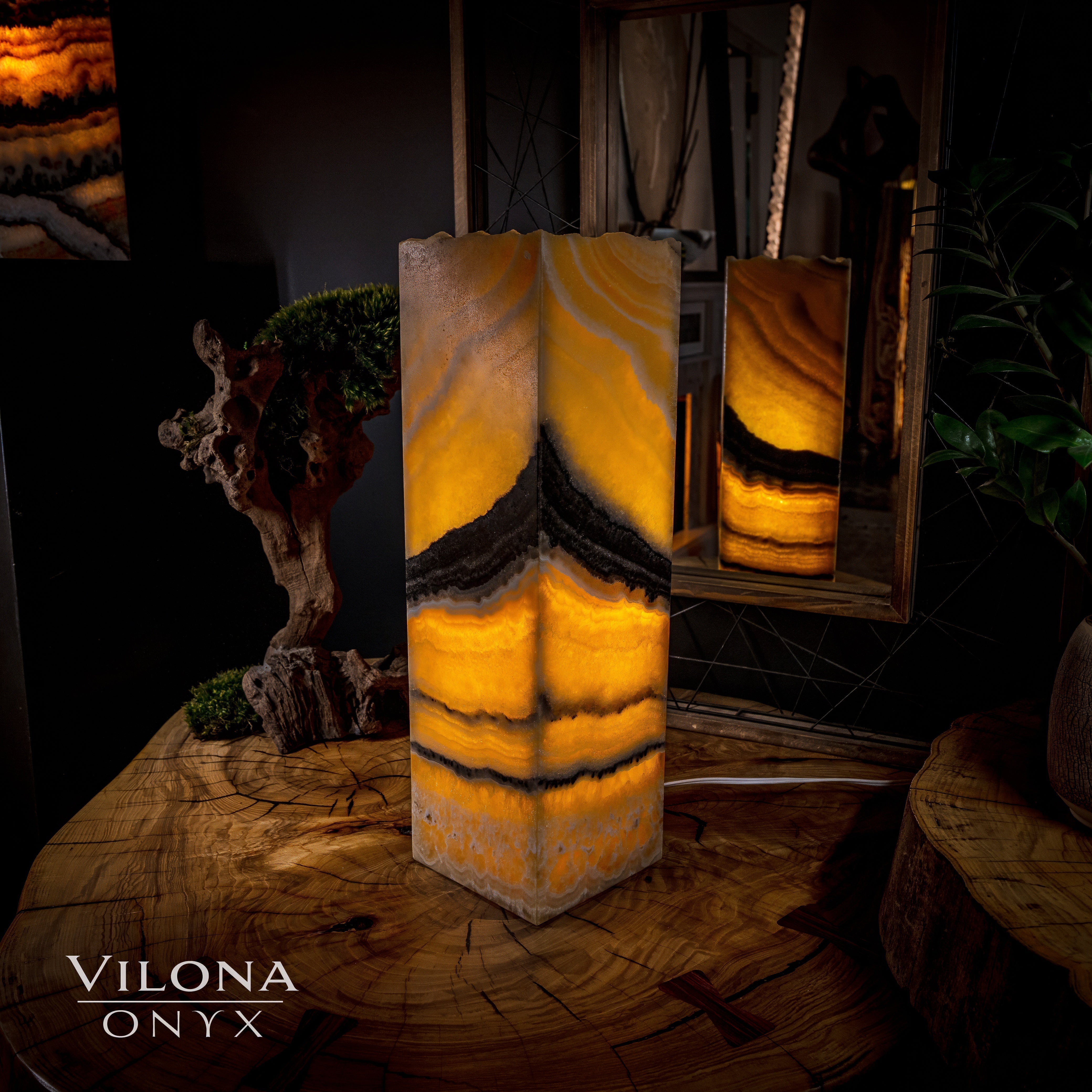 Honeycomb Onyx Table Lamp #2 onyx stone lamp glowing softly on floor