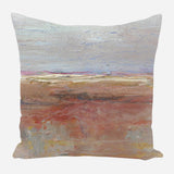 Abstract textured pillow design in muted earth tones with layers of beige, brown, and soft blue creating a horizon-like effect with subtle brushstrokes.