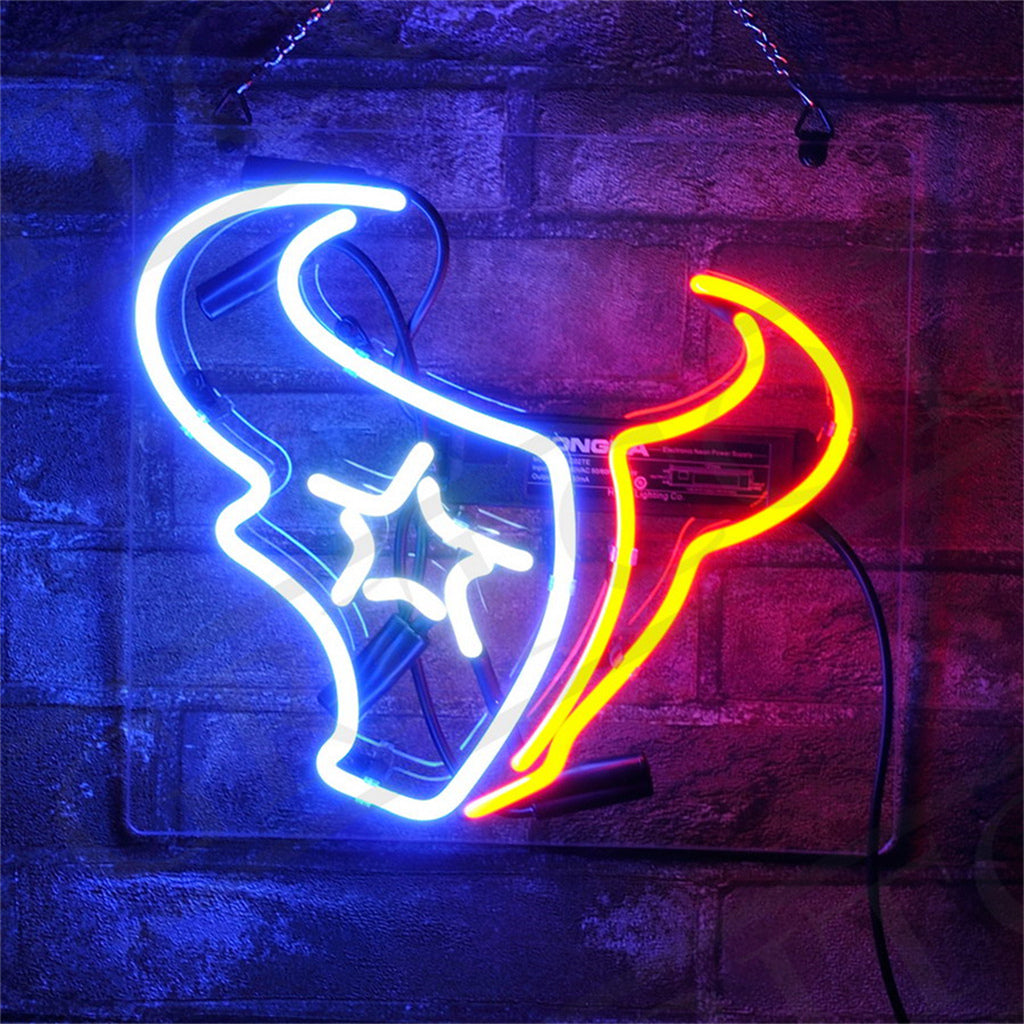 Houston Texans neon sign light glowing in a room with metal chain hanging and acrylic backing