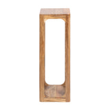 Tall, narrow square wooden tea table with a hollow center and smooth, natural wood grain finish, shown facing directly forward.