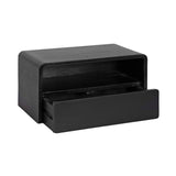 Black rectangular floating side table with a single open drawer and smooth rounded edges, shown isolated on a white background.