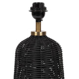 Black woven rattan lamp base with rounded shape and a brass-tone metal neck and socket against white background.