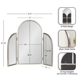 Tri-fold arch mirror with silver metal frame, featuring one large central arch panel and two smaller hinged side panels with D-ring hangers on the back.