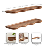 Rectangular mango wood shelf with a rich walnut finish featuring a wavy front edge and a metal wall bracket for a floating mount, shown from two angles with size dimensions.