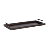 Rectangular dark brown decorative tray with raised edges and parallel handles on short vertical supports, shown on a white background.
