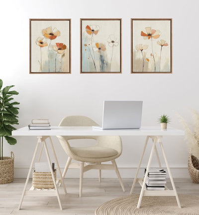Sylvie Neutral Blue Elegant Country Wildflowers Framed Canvas Art Set by The Creative Bunch Studio