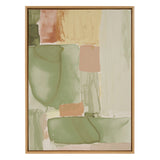 Abstract framed canvas with soft blocks of green, beige, peach, and muted orange watercolor hues blending in organic shapes and vertical brushstrokes.