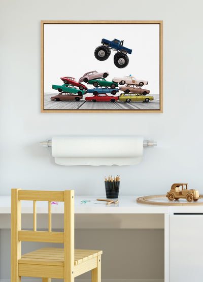 Sylvie Vintage Stacked Matchbox Cars and Monster Truck Framed Canvas by Saint and Sailor Studios