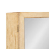 Close-up of a light wood-framed mirror with visible hinge on the left side, showing smooth wood grain and polished reflective glass.