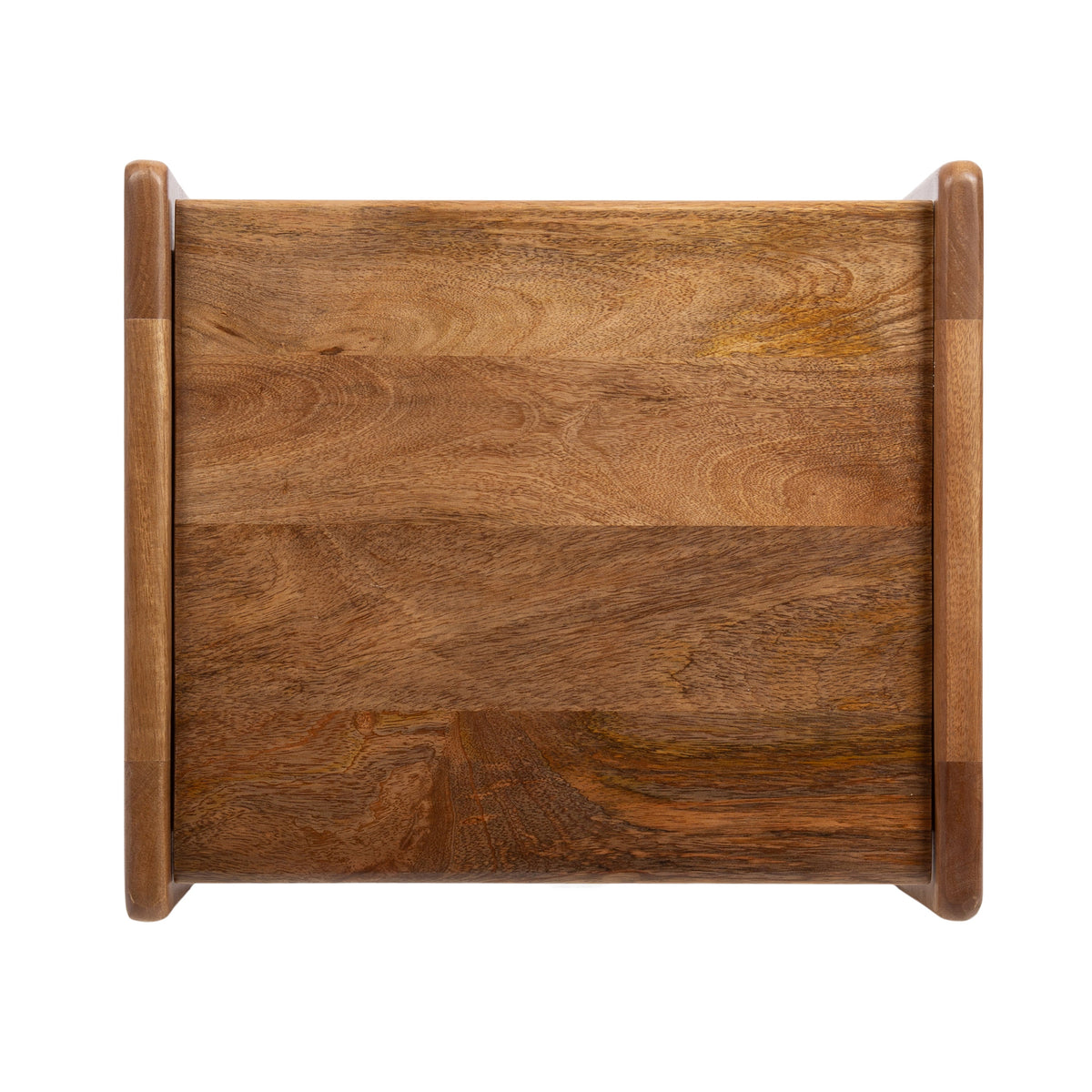 Square wood side table top with natural grain patterns in varying warm brown tones and rounded corner edges.
